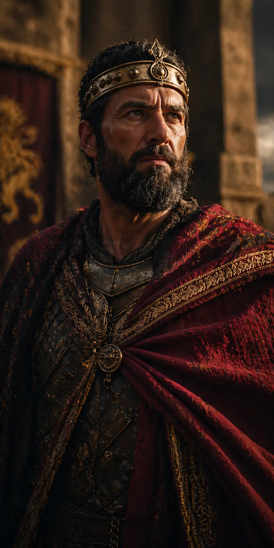 Cinematic biblical style portrait representing Saul in battle
